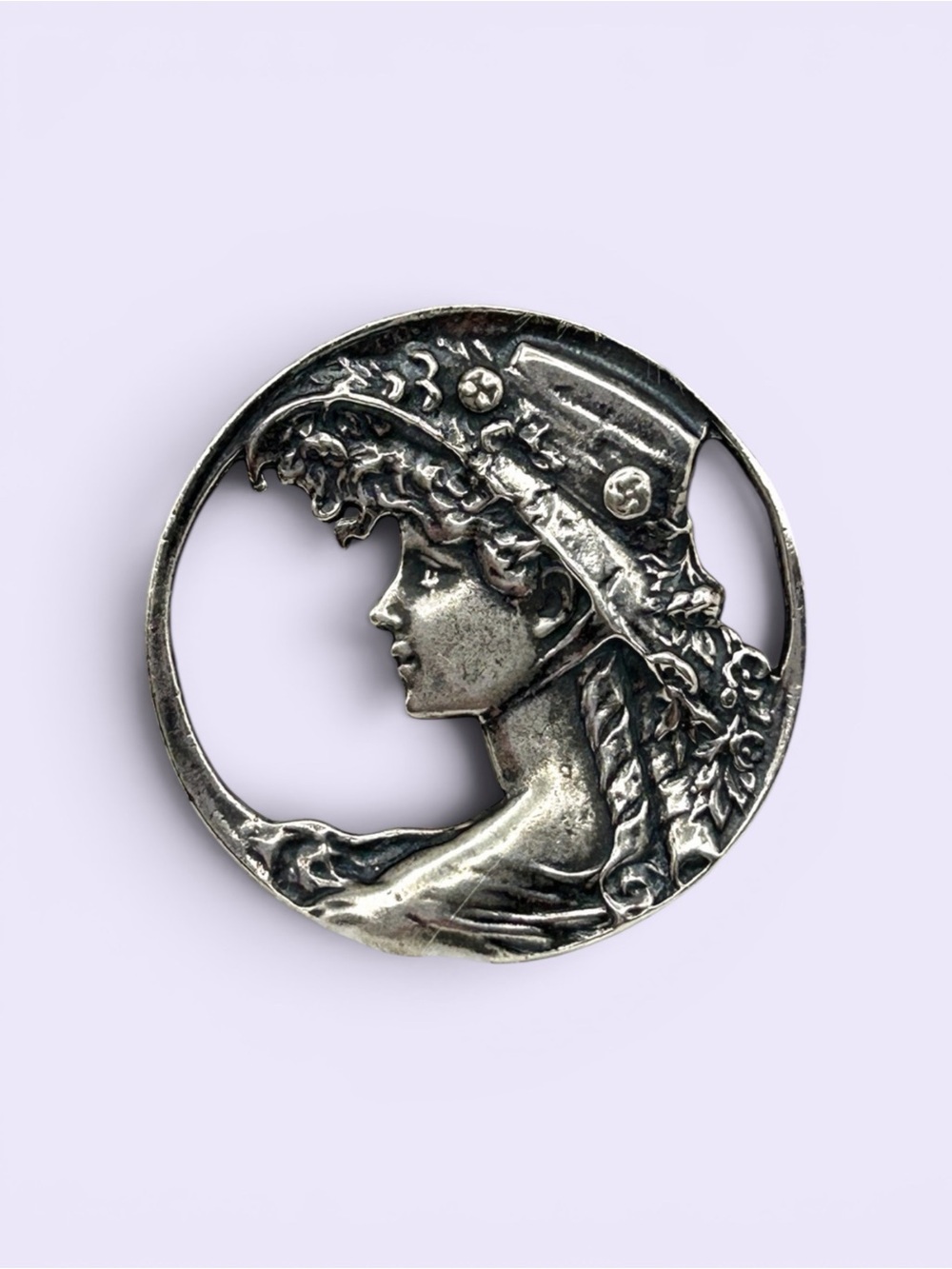 Vintage Art Nouveau Sterling Silver Lady Brooch • Marked 925 • 1.5” Round